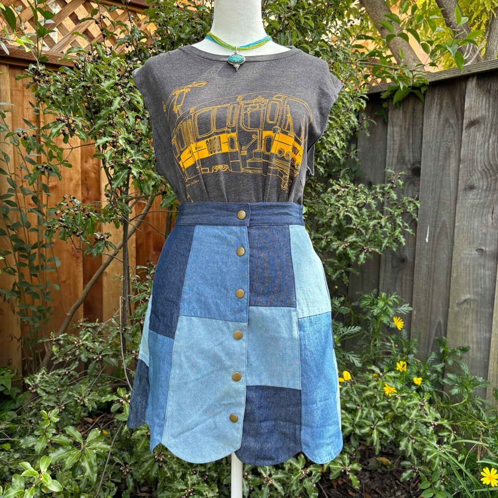 NICE CLAUP A-Line Skirt Denim Patchwork Multicolor Blue Elastic Waist
